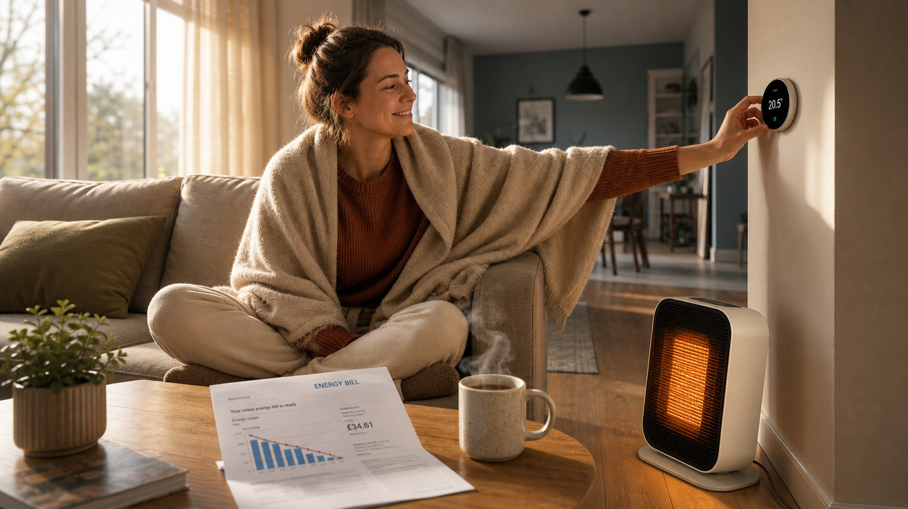 Mulher ajusta termostato digital em sala aconchegante com aquecedor, café e conta de energia na mesa.