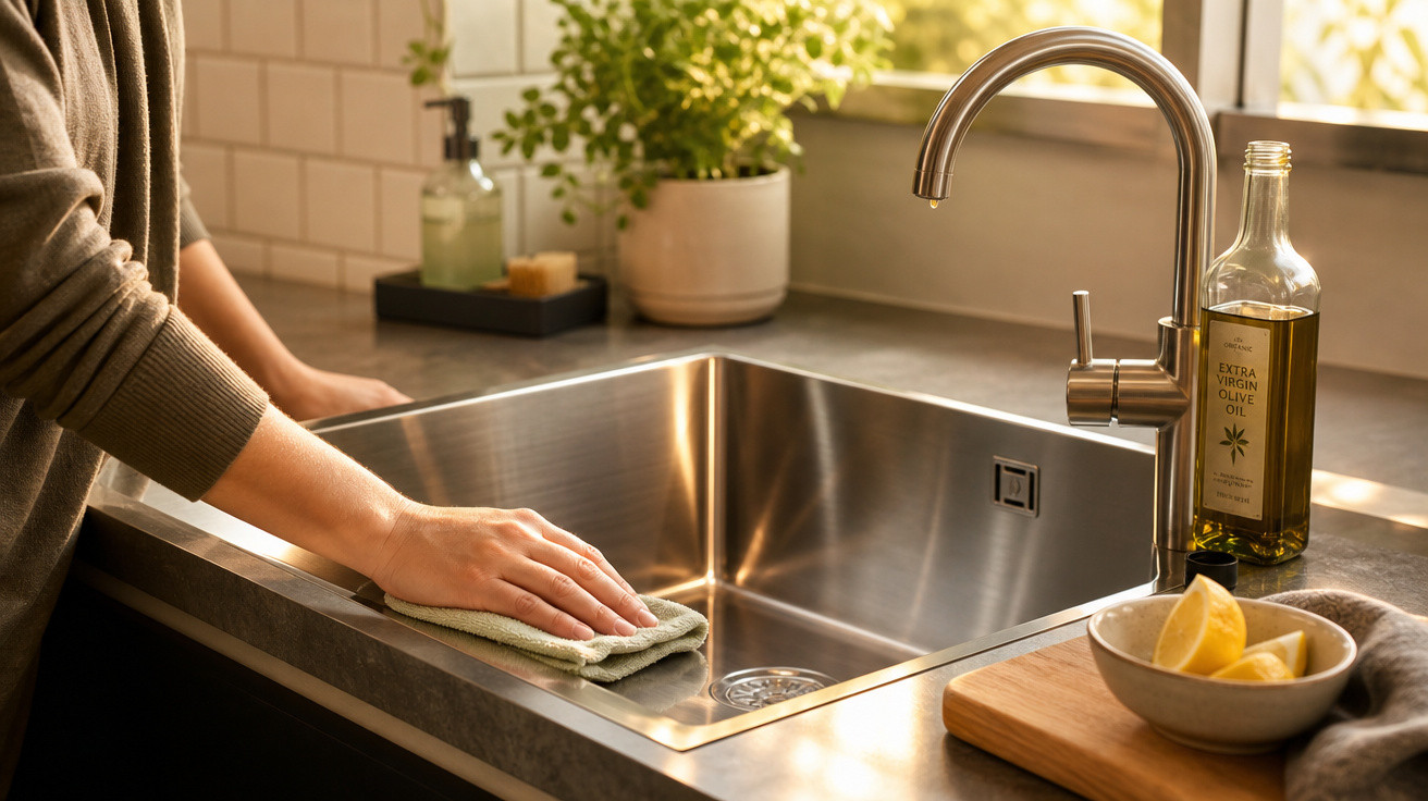 Pessoa limpando pia de aço inox com pano verde em cozinha iluminada, com garrafa de azeite e recipiente com limões.