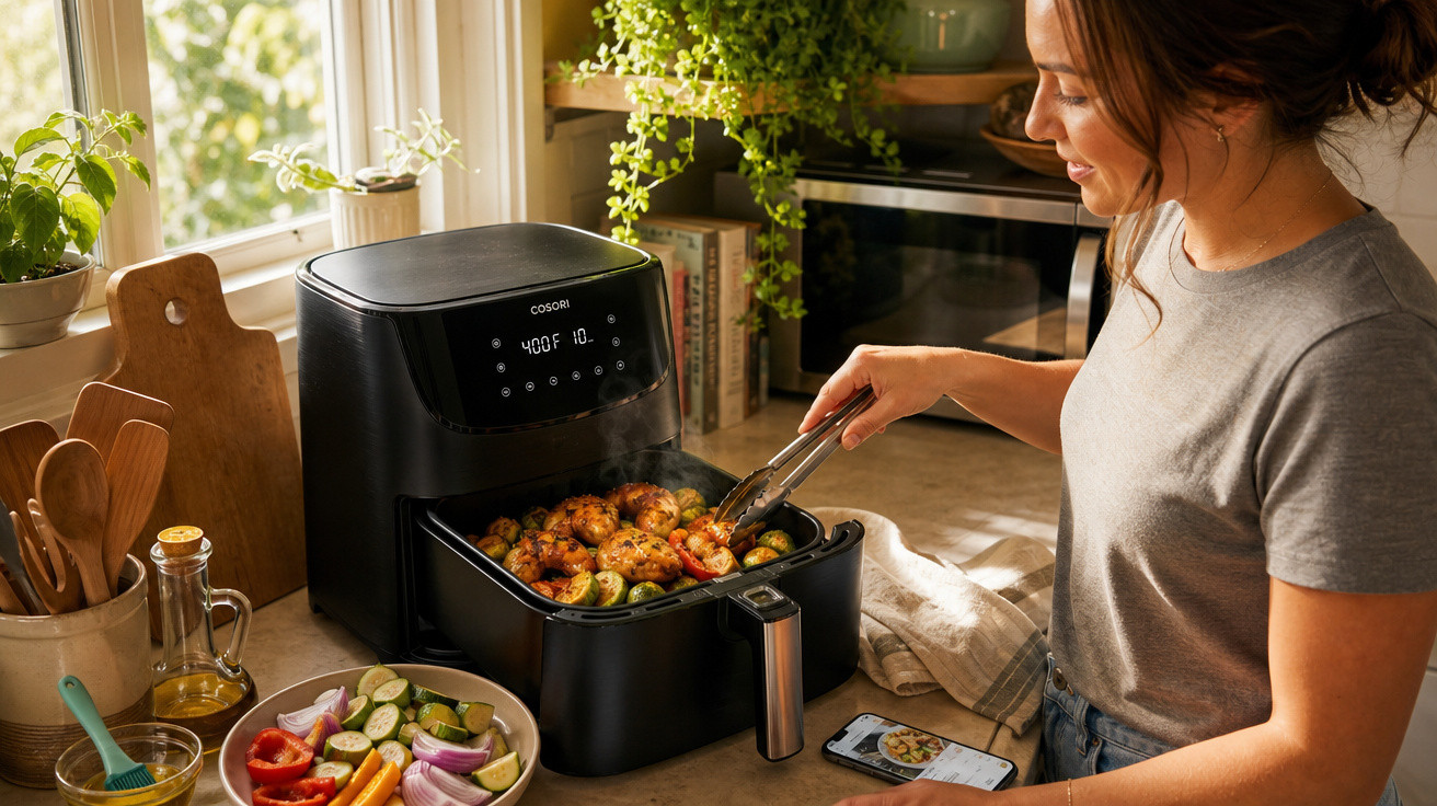 Mulher cozinhando camarões e legumes em air fryer preta na cozinha iluminada pela janela.