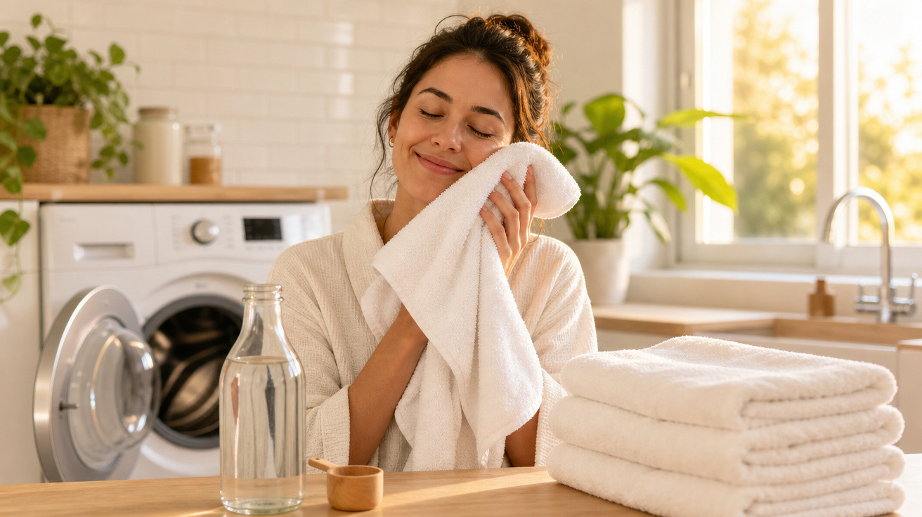 Mulher sorrindo e sentindo toalha branca macia na cozinha com máquina de lavar ao fundo.