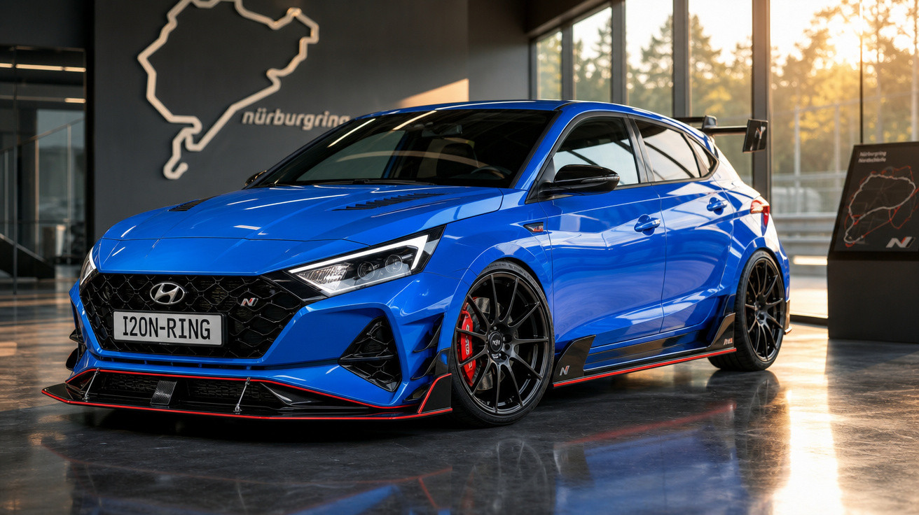 Carro esportivo Hyundai i20 N azul com detalhes em preto e vermelho, exibido em showroom moderno.