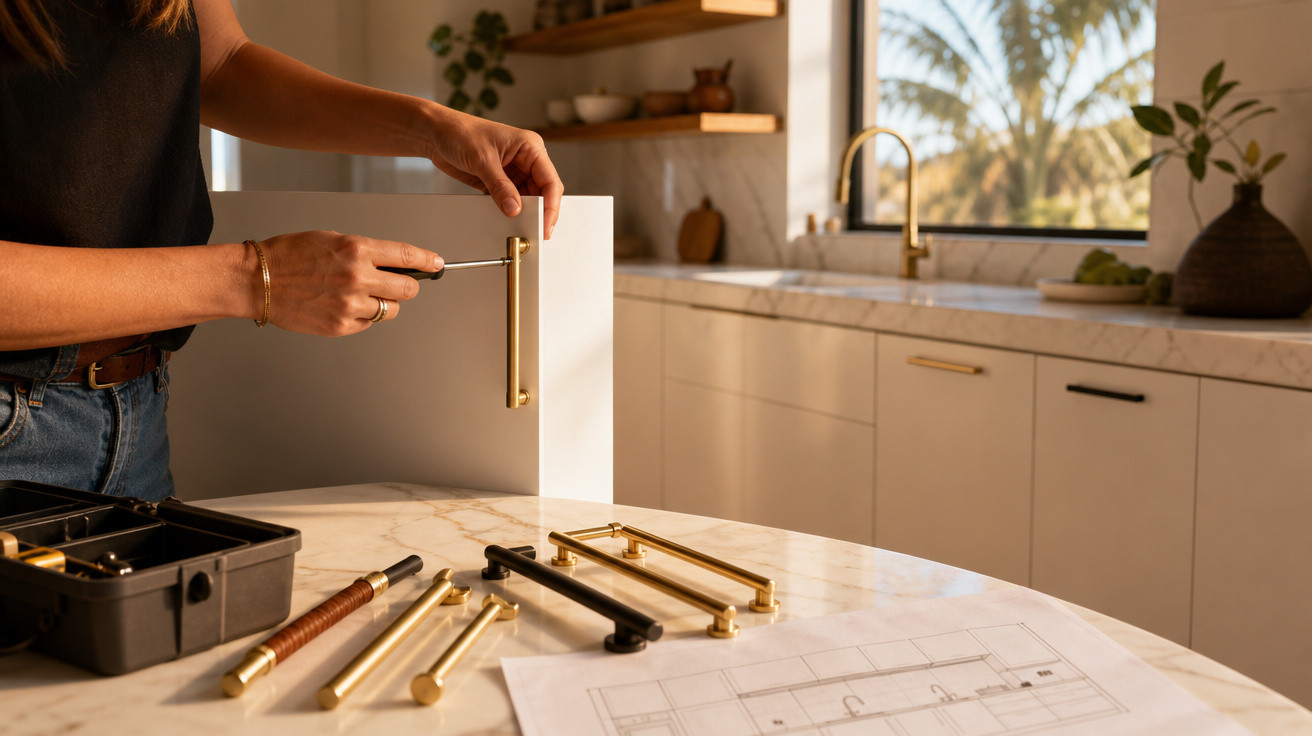 Pessoa instalando puxador dourado em porta de armário de cozinha clara com bancada de mármore.