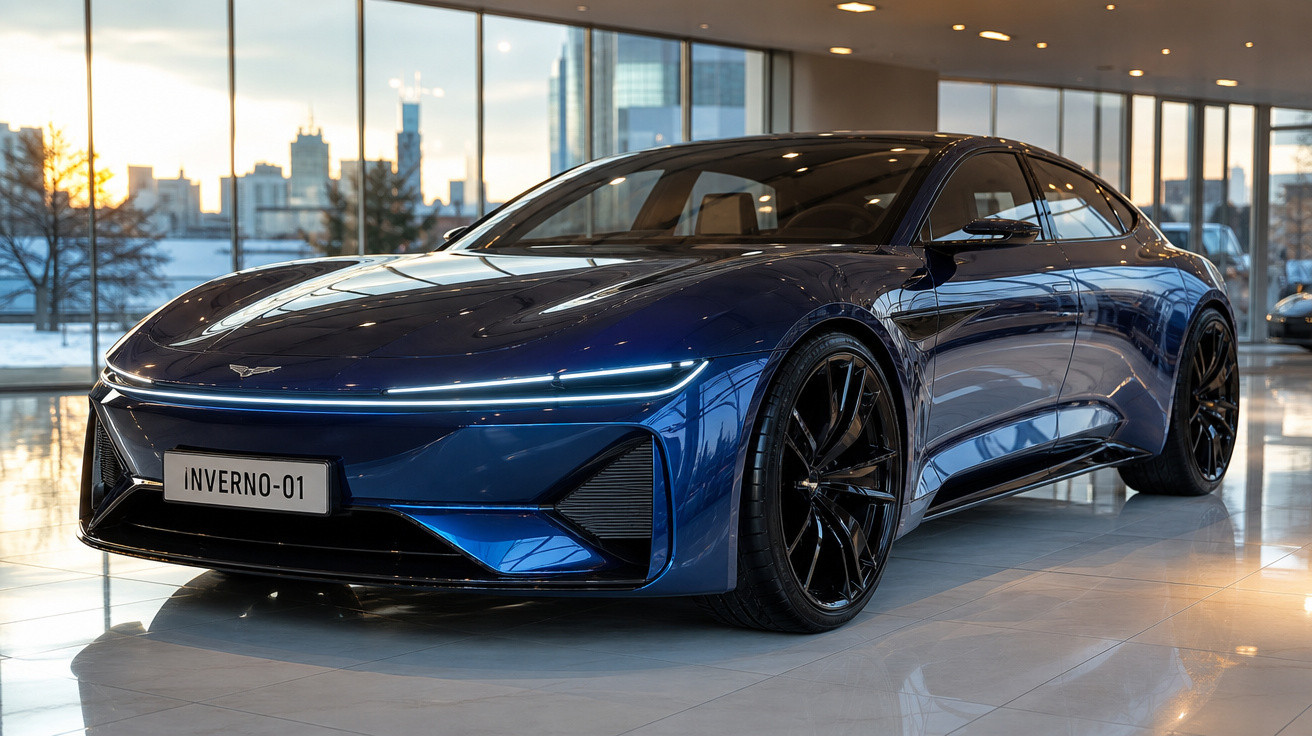 Carro elétrico esportivo azul com design futurista, exibido em showroom com janelas grandes.