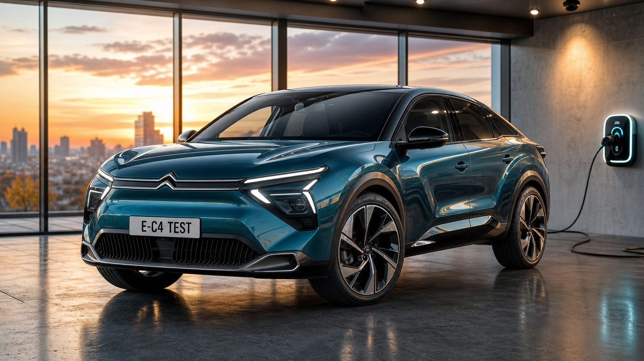 Carro elétrico azul Citroën E-C4 Test conectado ao carregador em garagem com vista para pôr do sol.