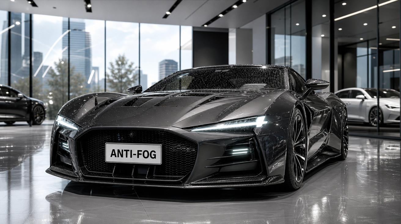 Carro esportivo preto com faróis acesos em showroom moderno com janelas grandes e reflexos no piso.