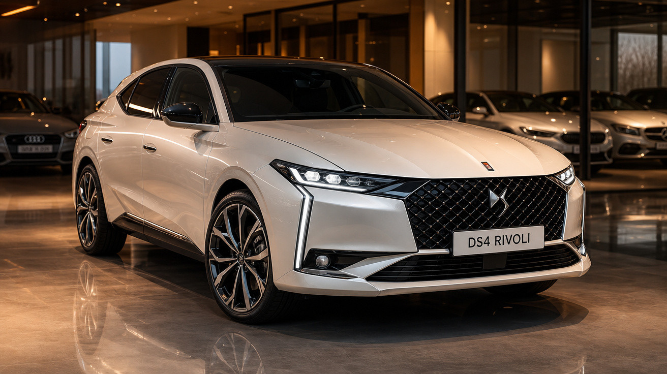 Carro branco DS4 Rivoli exibido em showroom com piso refletivo e iluminação amarelada.
