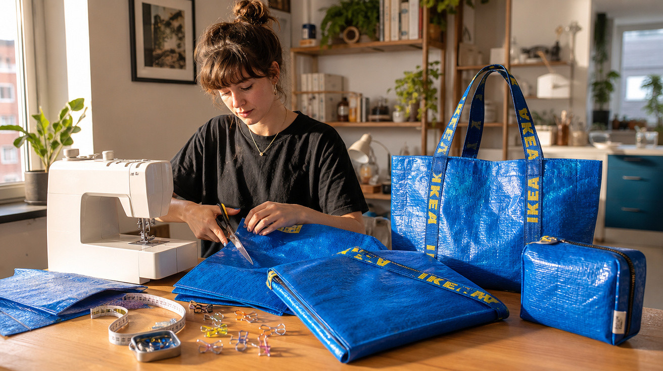 Mulher corta tecido azul reciclado da IKEA em mesa com máquina de costura, bolsas e acessórios feitos à mão.