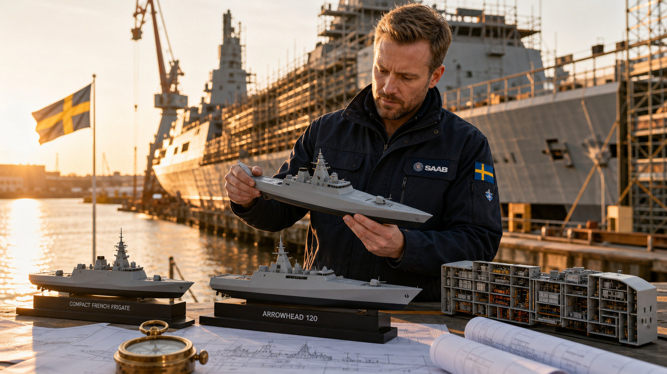 Homem com jaqueta da Saab analisa maquete de navio em mesa com outras maquetes e plantas ao fundo porto naval.