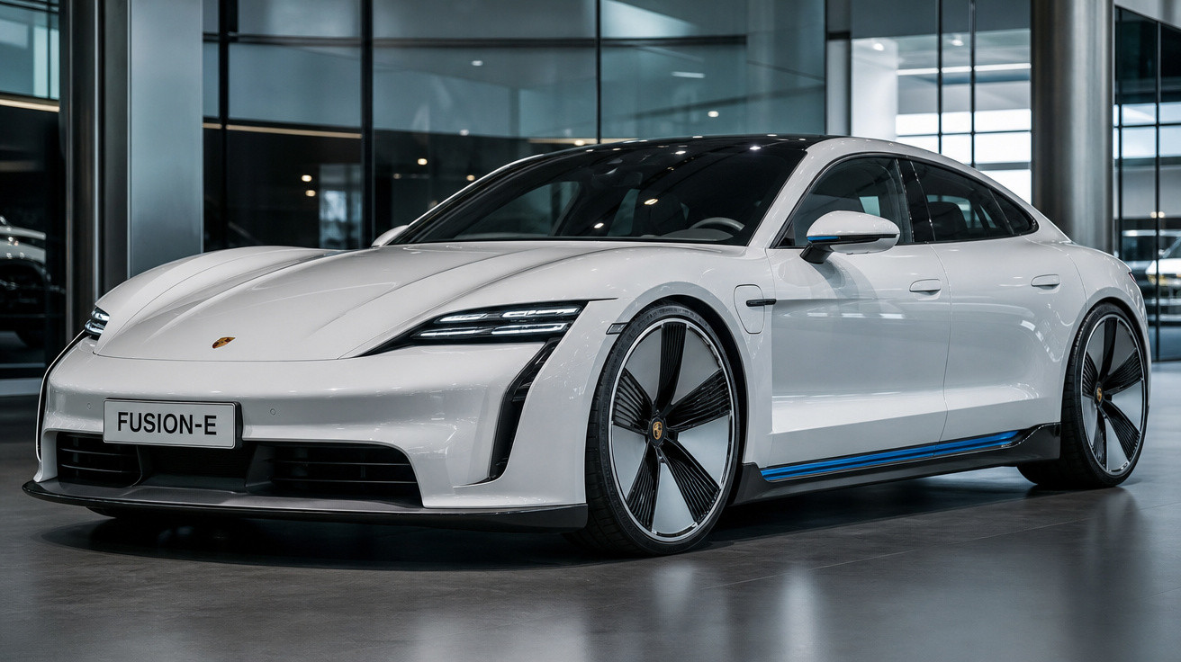 Carro elétrico esportivo branco Porsche Fusion-E estacionado em ambiente interno moderno.