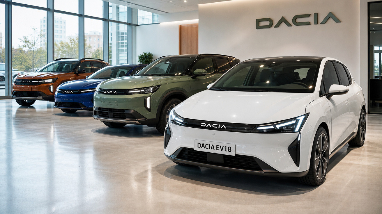 Showroom com quatro carros elétricos Dacia EV18 em exposição, em diferentes cores e iluminação natural.