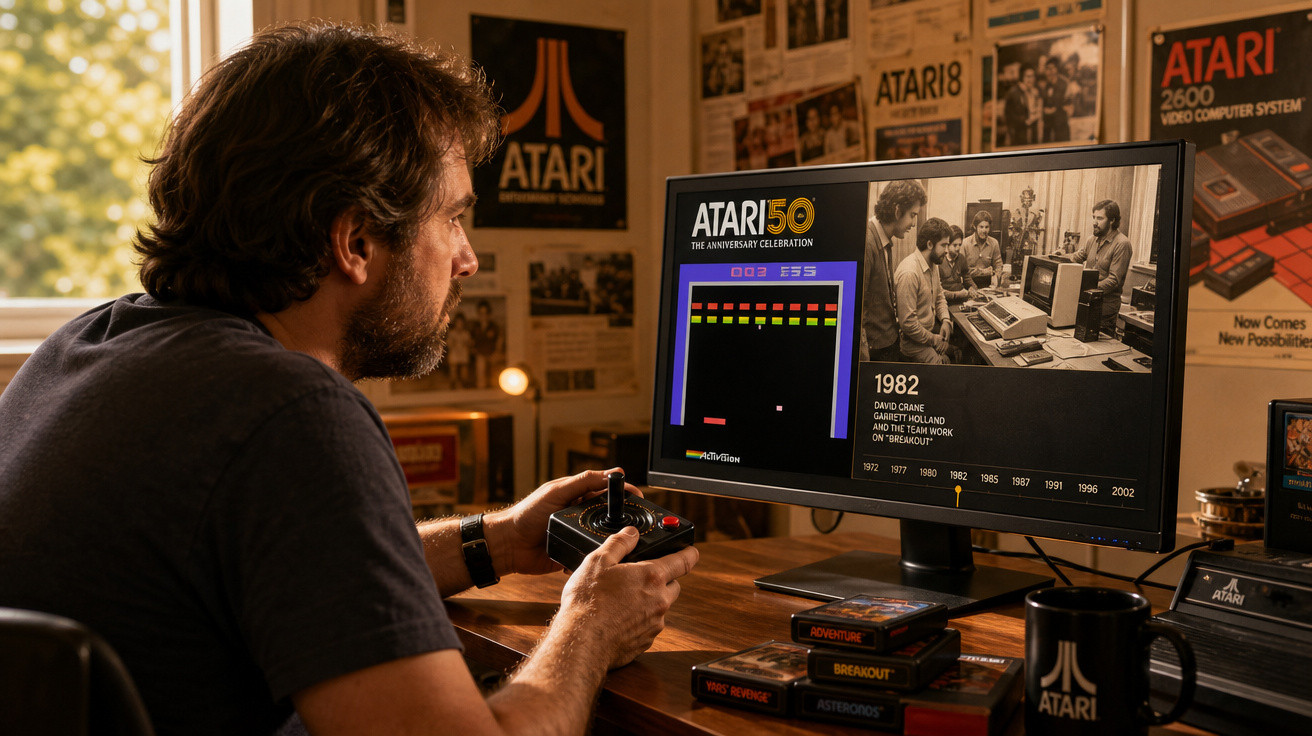 Homem joga videogame clássico Atari em computador, com pôsteres e cartuchos antigos ao redor.