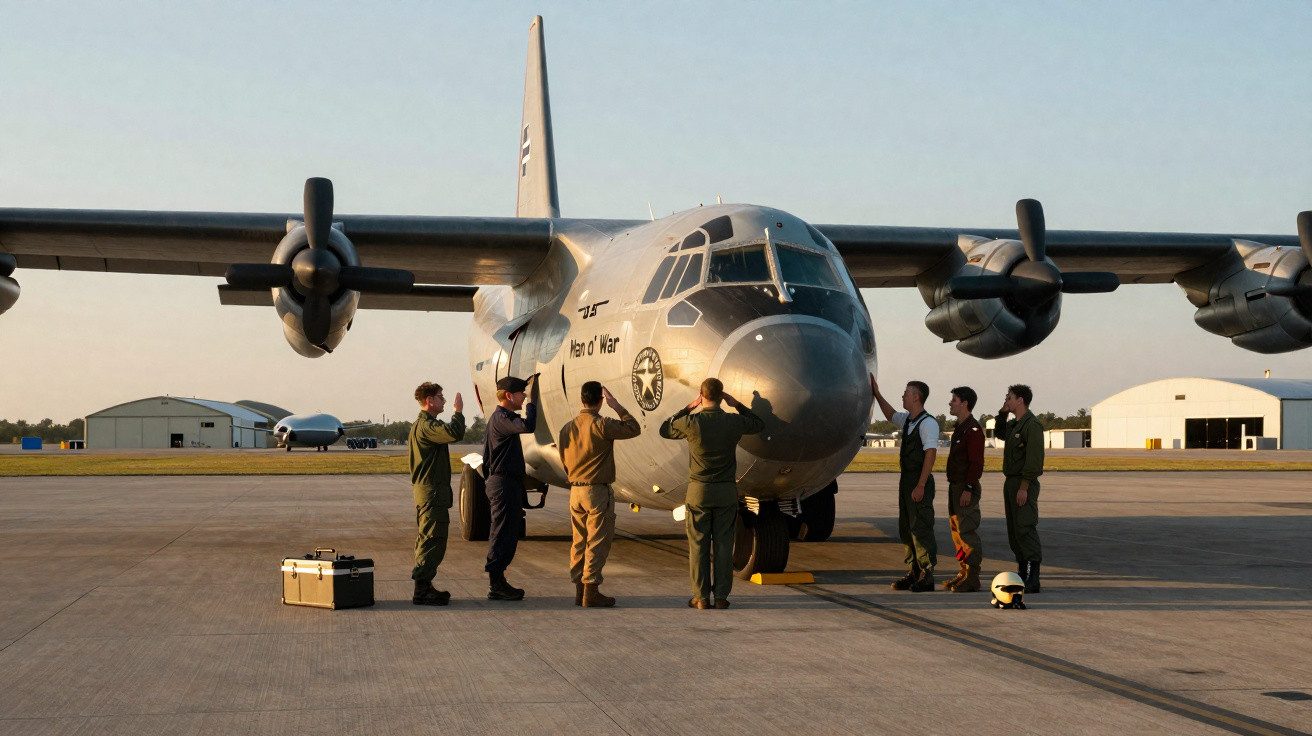 Sete militares em uniforme fazendo continência diante de avião de transporte C-130 na pista ao pôr do sol.