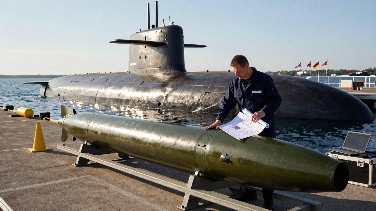 Homem inspeciona torpedo verde em doca com submarino militar preto ao fundo em ambiente ensolarado.