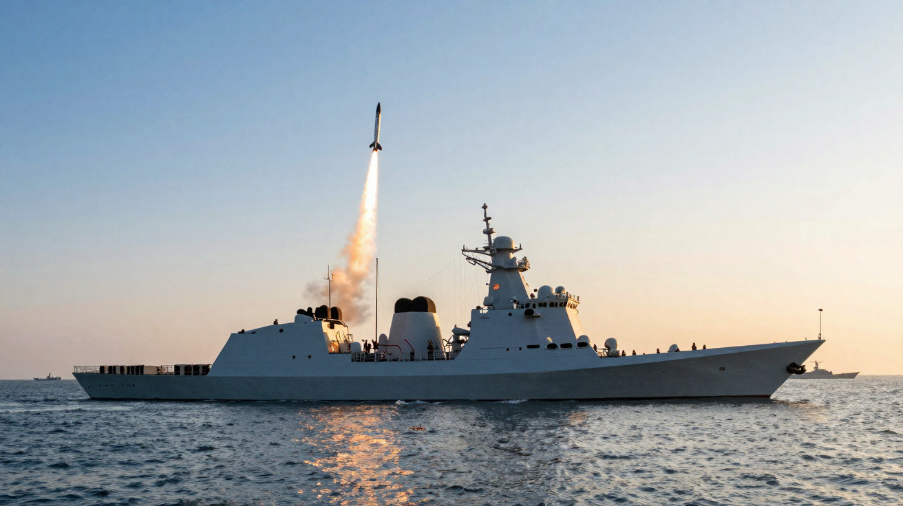 Navio de guerra cinza lançado míssil ao pôr do sol em mar calmo.
