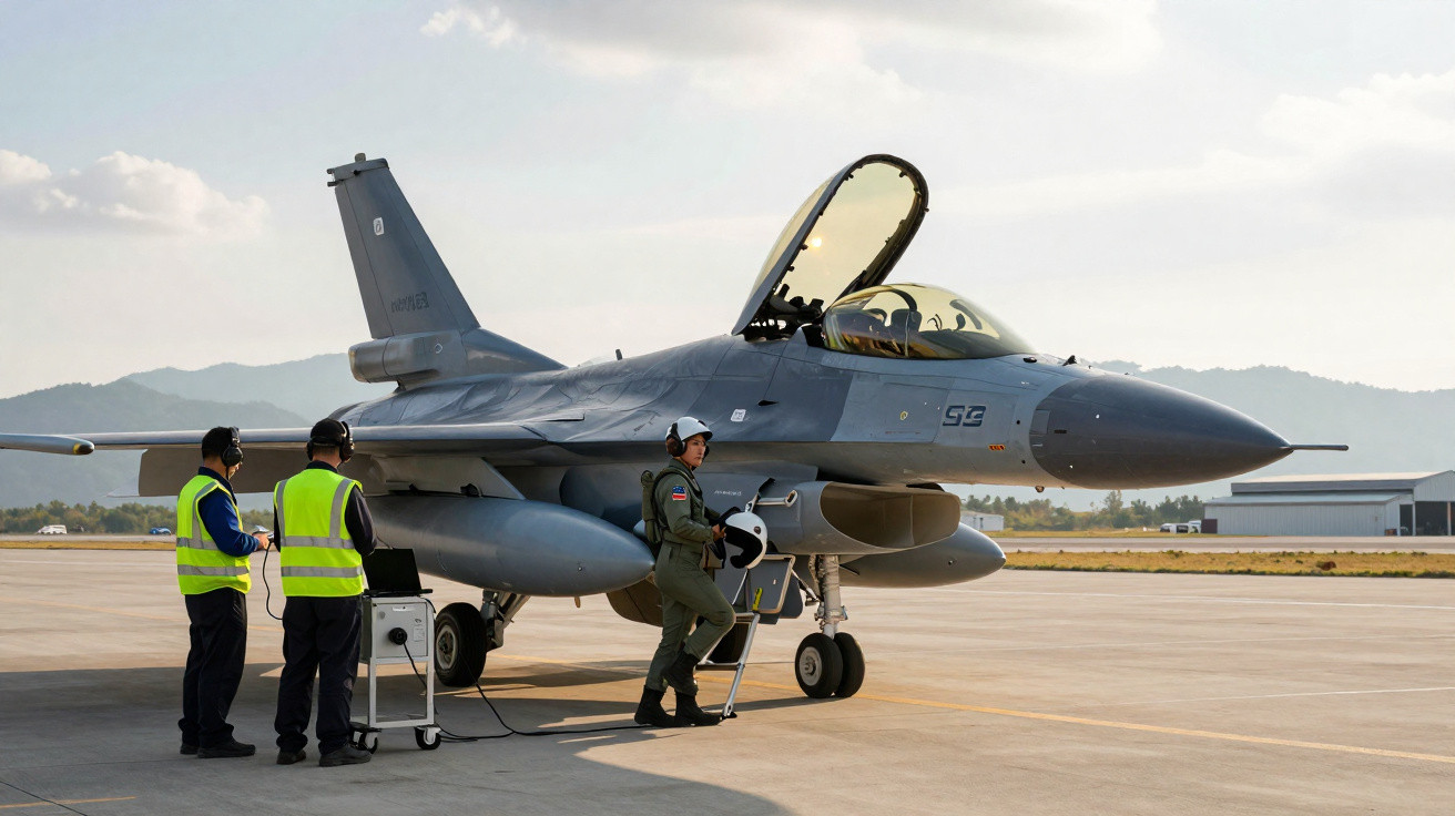 Caça F-16 cinza em pista com piloto em uniforme verde e equipe de solo usando coletes amarelos.