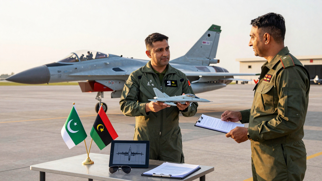 Dois militares em uniforme conversam ao lado de um caça no aeroporto, com bandeiras do Paquistão e Líbia numa mesa.