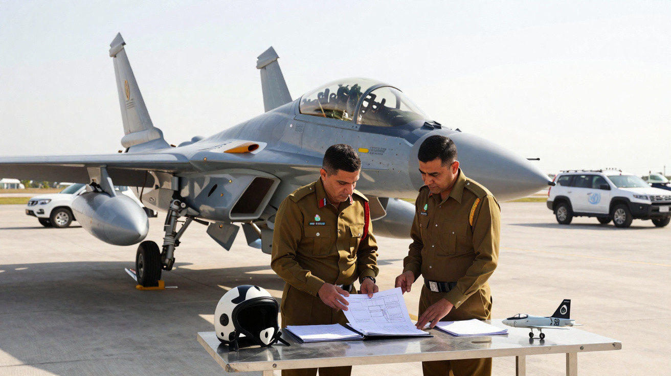 Dois militares em uniforme marrom revisam documentos em mesa com capacete e miniatura de avião, com caça estacionado ao fundo