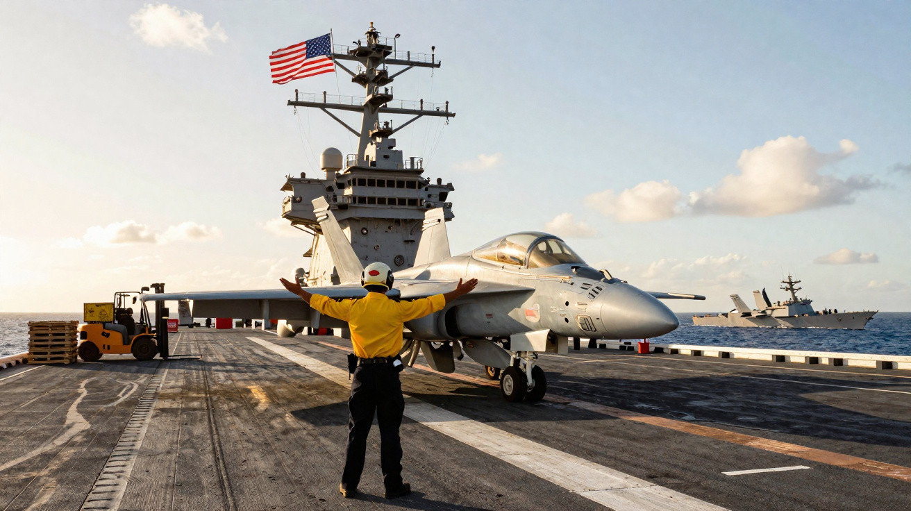 Operador no convés de porta-aviões orienta caça F/A-18 com navio de guerra e bandeira dos EUA ao fundo.