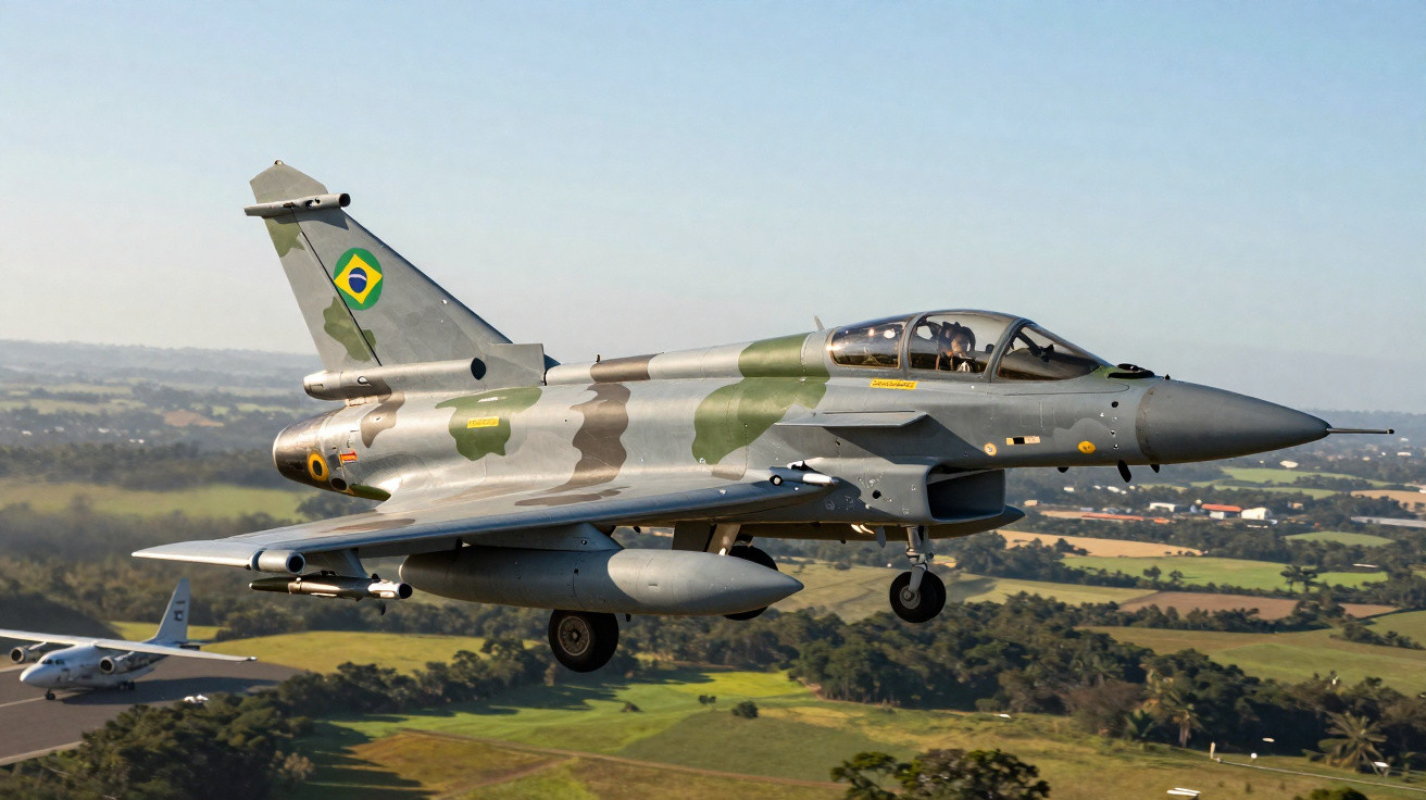Caça militar brasileiro em voo baixo sobre área rural com campos e árvores ao fundo.