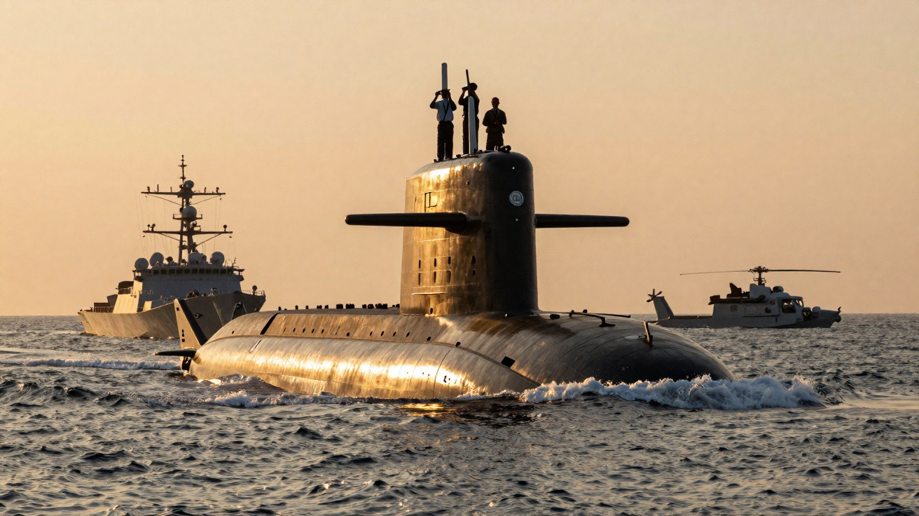 Submarino, navio de guerra e helicóptero naval navegando no mar ao pôr do sol.