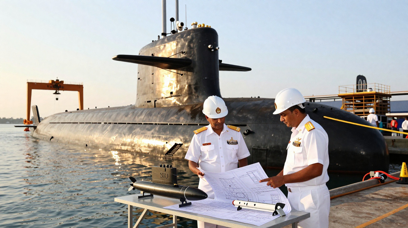 Dois oficiais navais em capacetes brancos analisam plantas ao lado de um submarino atracado no cais.