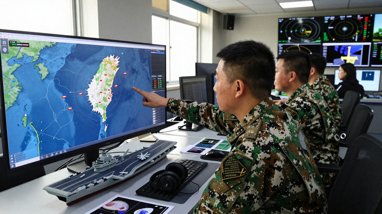 Militares chineses em sala de controle monitorando um mapa digital com informações marítimas e modelo de porta-aviões.