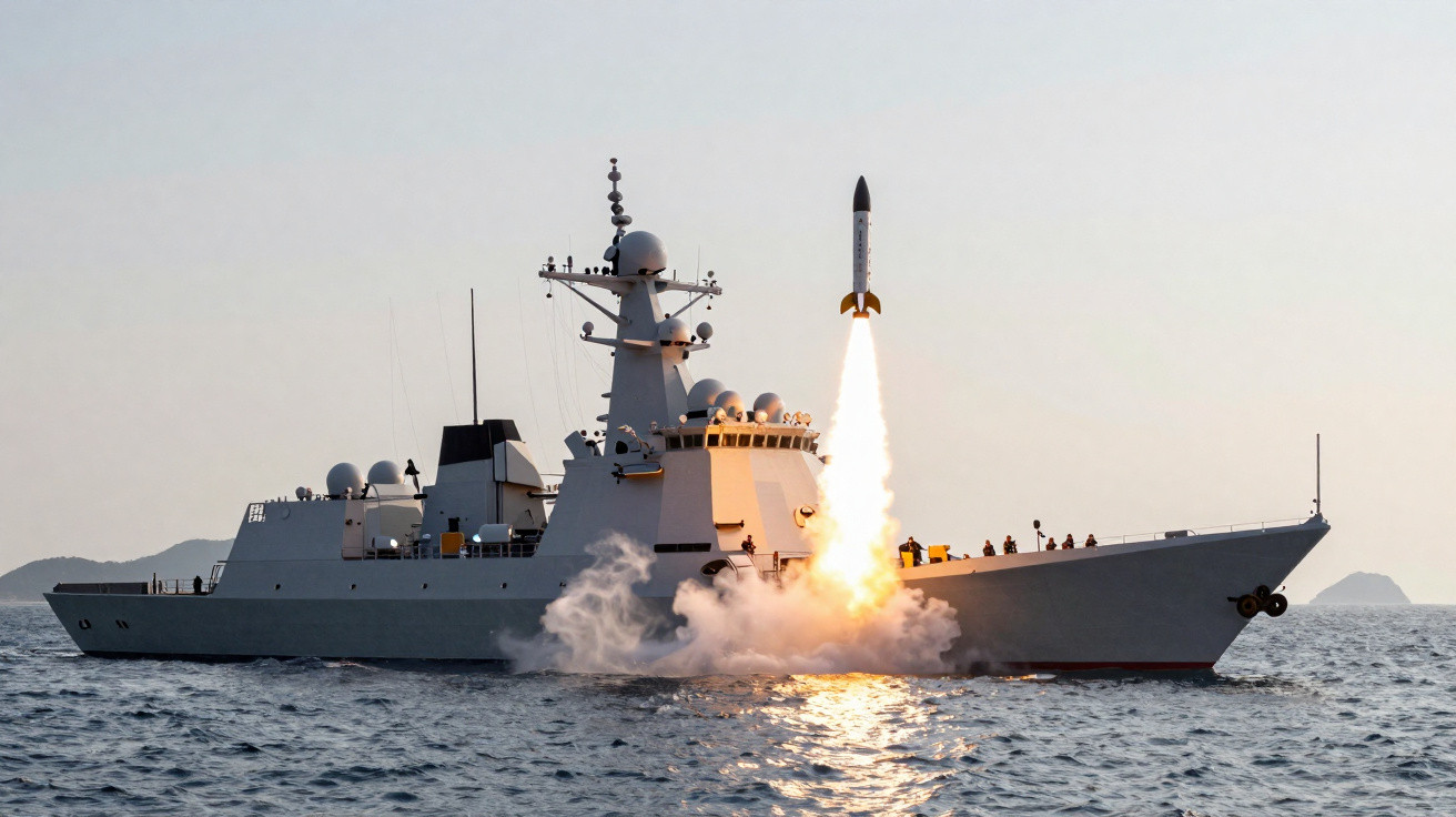 Navio de guerra lançando um míssil sobre o mar em dia claro.