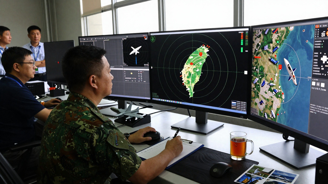 Homens em sala de controle com uniformes militares, monitorando monitores com mapas e imagens de radar.