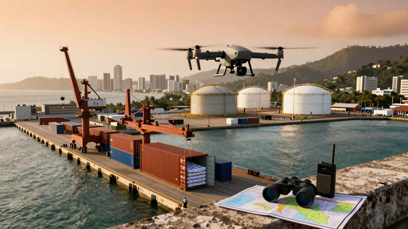 Drone sobrevoando porto com containers, mapa, binóculos e rádio comunicador na borda do cais ao entardecer.