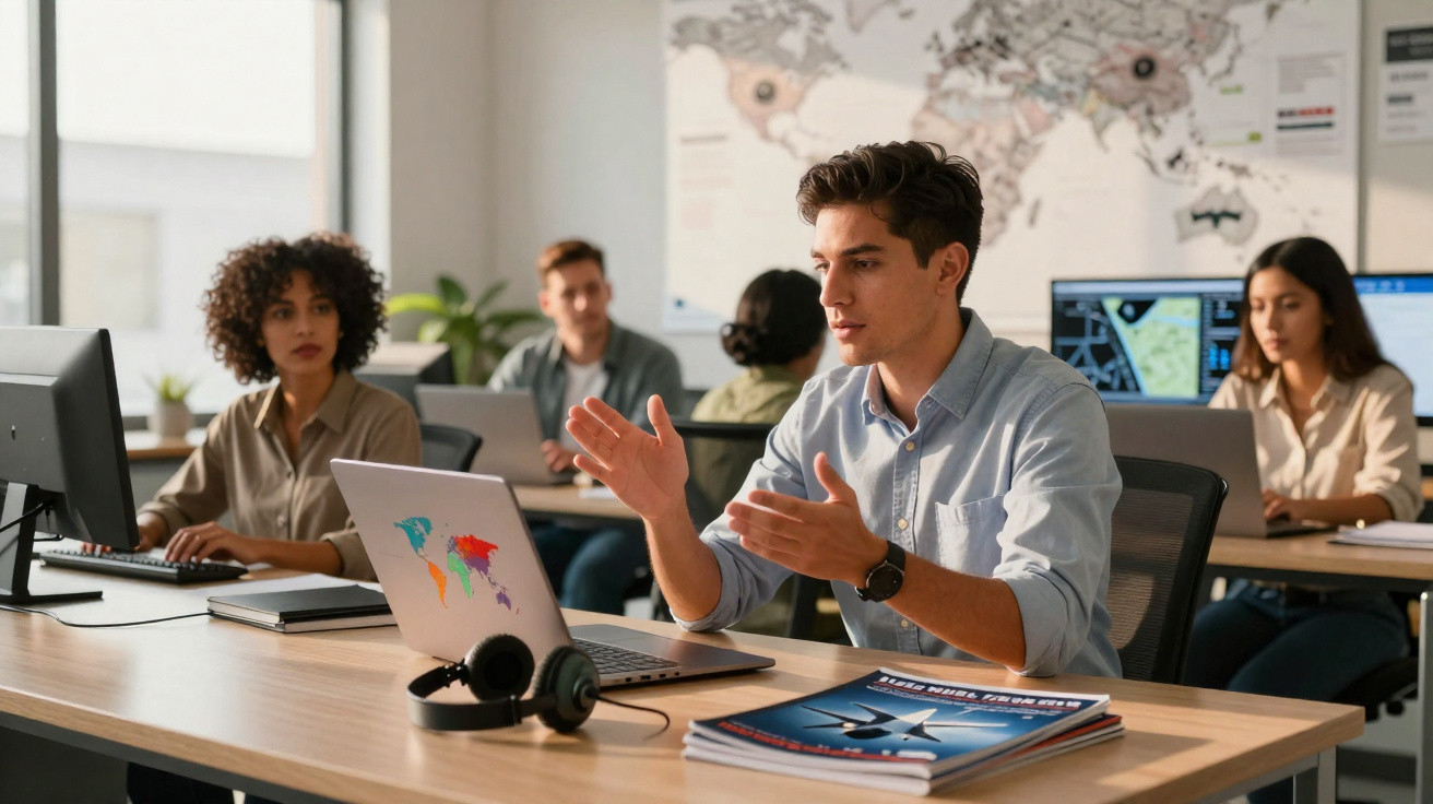 Jovem aponta para tela de laptop em sala de aula com colegas e mapa mundi ao fundo.