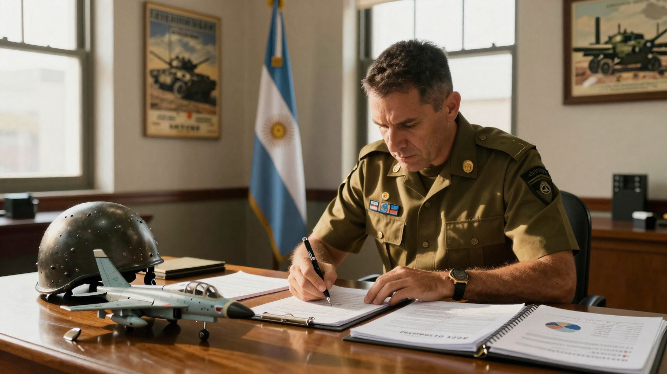 Oficial militar argentino escreve em mesa com miniatura de avião, capacete e bandeira da Argentina ao fundo.