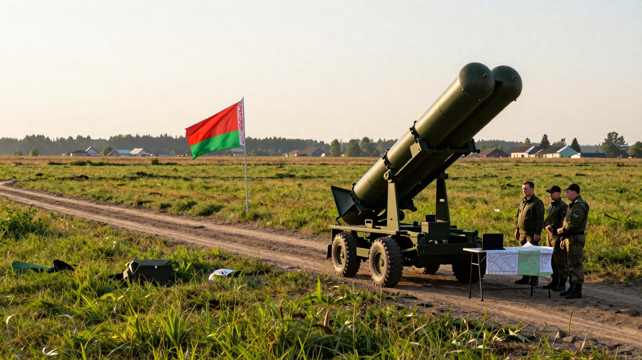 Soldados ao lado de lançamento de foguetes em campo aberto com bandeira da Bielorrússia ao fundo.