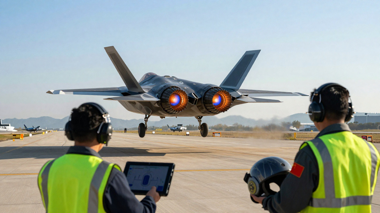 Caça militar decolando com jatos acionados e dois técnicos observando na pista de aeroporto.