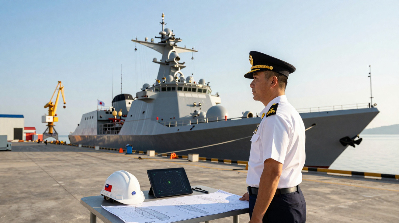 Oficial naval em uniforme branco observa o mar ao lado de mesa com plantas e dispositivo, navio de guerra ao fundo.