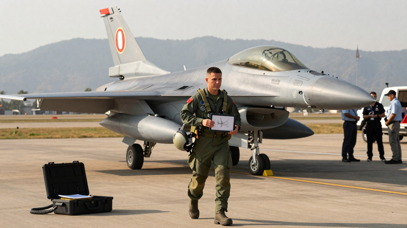 Piloto militar caminha no pátio ao lado de caça F-16 estacionado em base aérea com pessoas ao fundo.