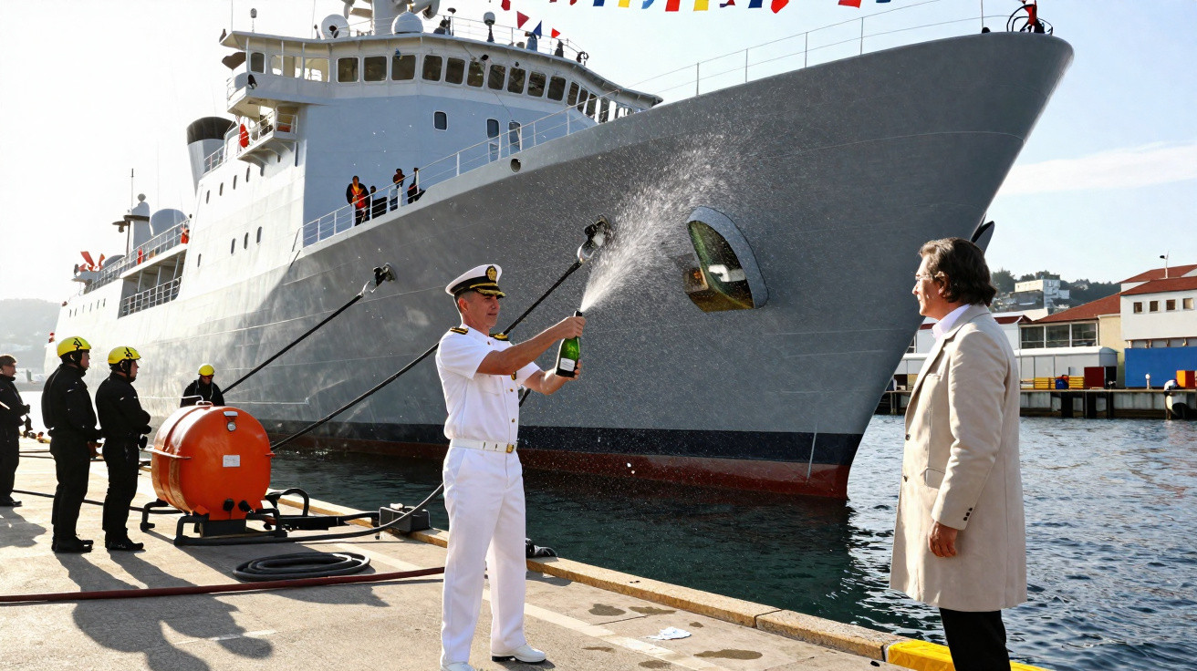 Militar em uniforme branco celebrando o batismo de um navio com espumante no cais de um porto.