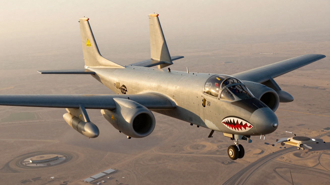 Avião militar cinza com pintura de boca de tubarão voando sobre área desértica.