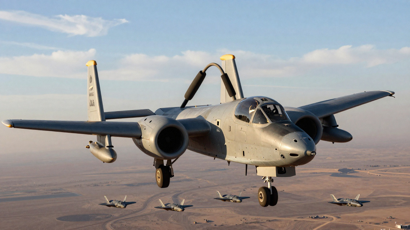 Avião militar A-10 Thunderbolt em voo com quatro jatos de caça F-35 ao fundo sobre o deserto.