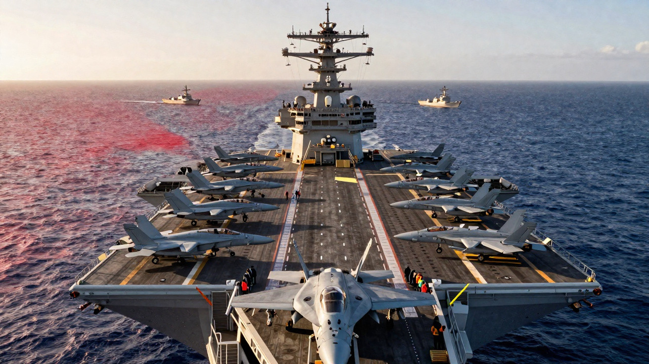 Porta-aviões com caças F/A-18 estacionados no convés navegando em mar aberto ao entardecer.