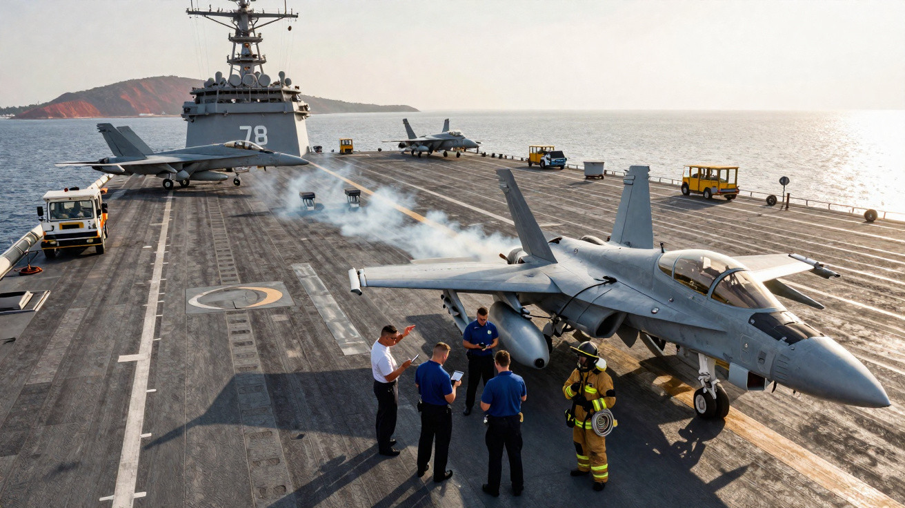 Homens da marinha reunidos próximo a caça F/A-18 na pista de pouso do porta-aviões no mar.