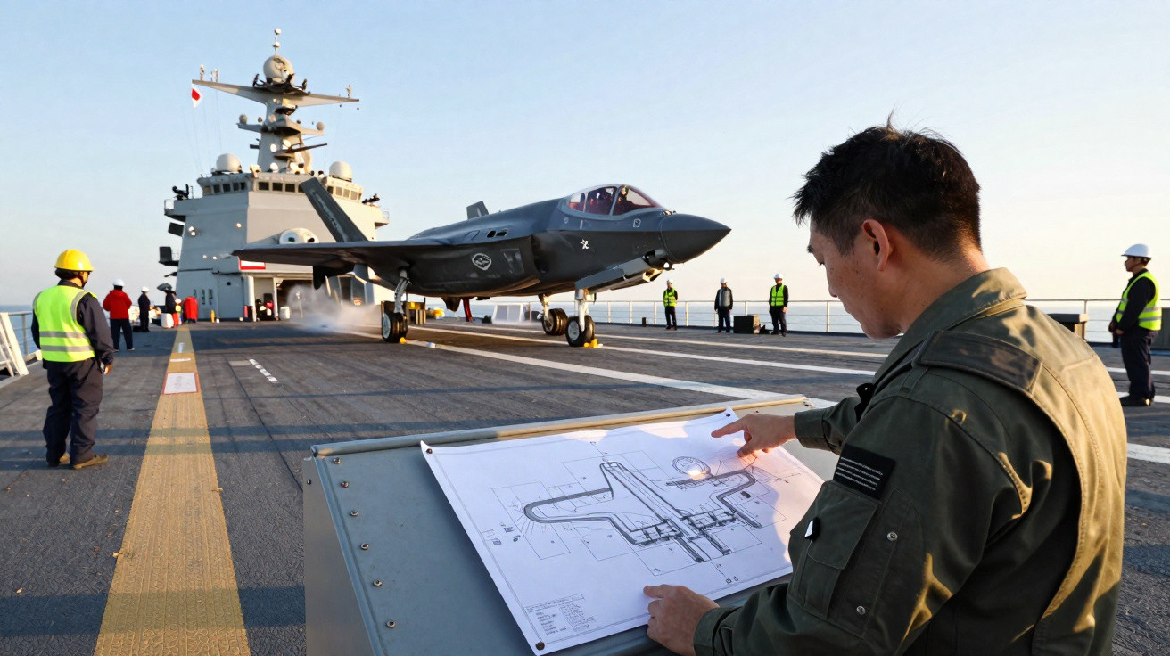 Homem em uniforme militar consultando planta no convés de porta-aviões com caça F-35 pousando ao fundo.