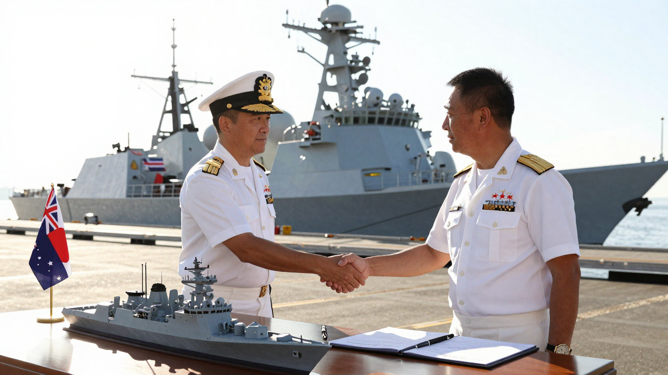 Dois oficiais navais apertando as mãos ao lado de um modelo de navio em um píer com navios de guerra ao fundo.
