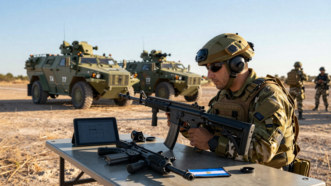 Soldado em campo aberto com fuzil e equipamentos militares, ao lado de veículos blindados.