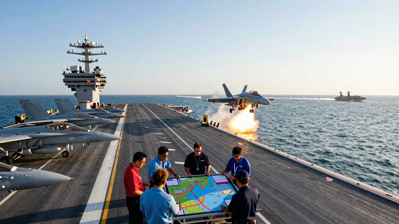 Seis militares ao redor de mesa com mapa no convés de porta-aviões, com jato lançando foguete no mar.