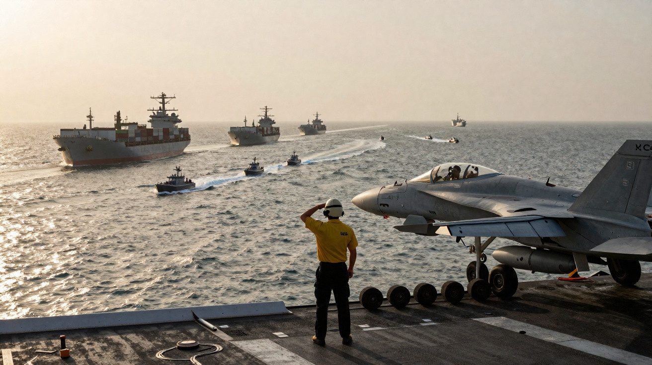 Pessoa com capacete e camisa amarela acena para comboio naval próximo a caça e porta-aviões ao pôr do sol.