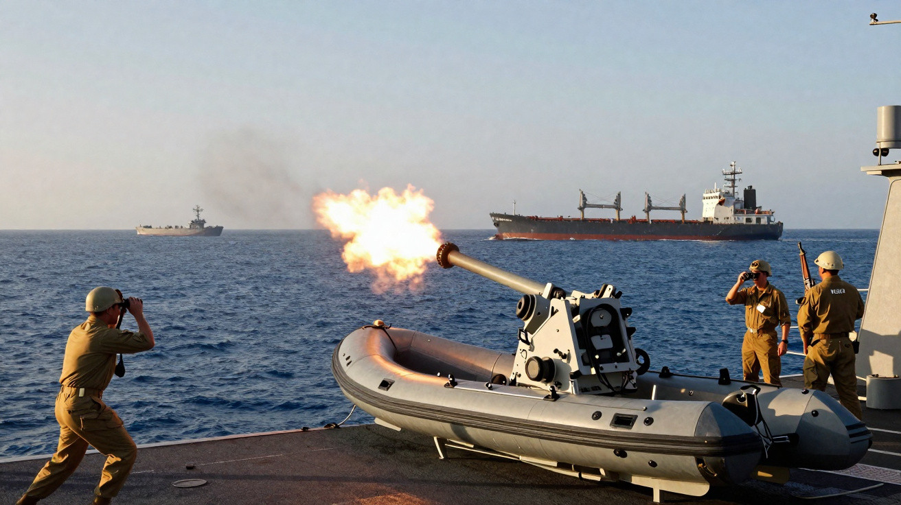 Tripulantes de navio militar operam canhão em bote inflável durante exercício no mar aberto.