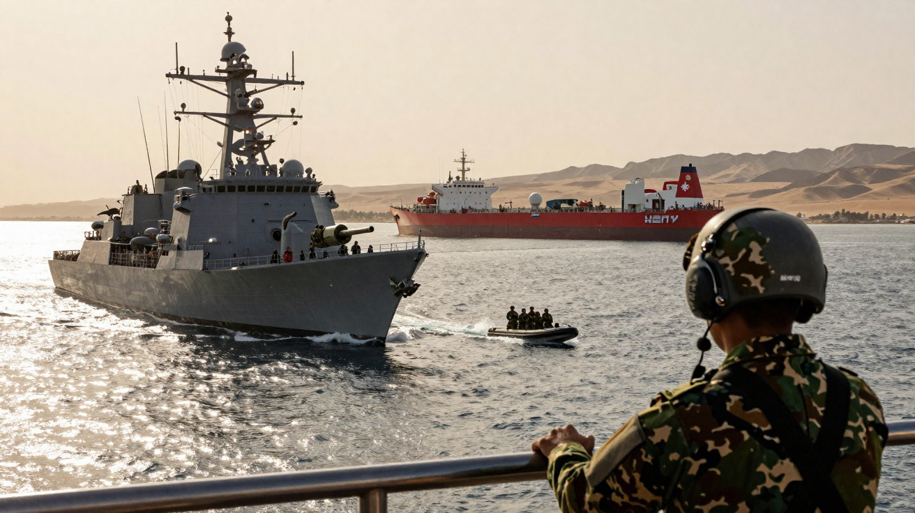 Marinha militar com soldado em embarcação observando navios de guerra e tripulação em bote no mar ao entardecer.