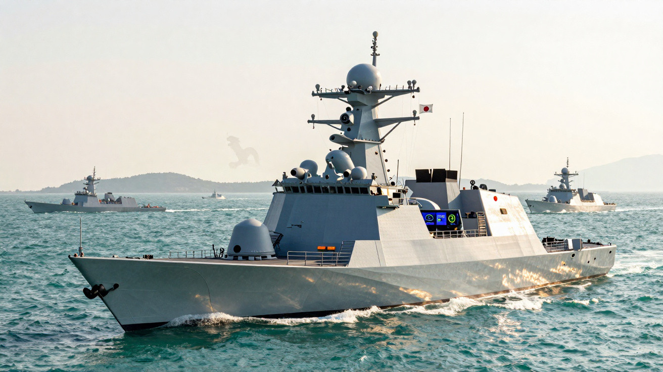 Três navios de guerra modernos navegando em mar calmo com ilhas ao fundo em dia claro.