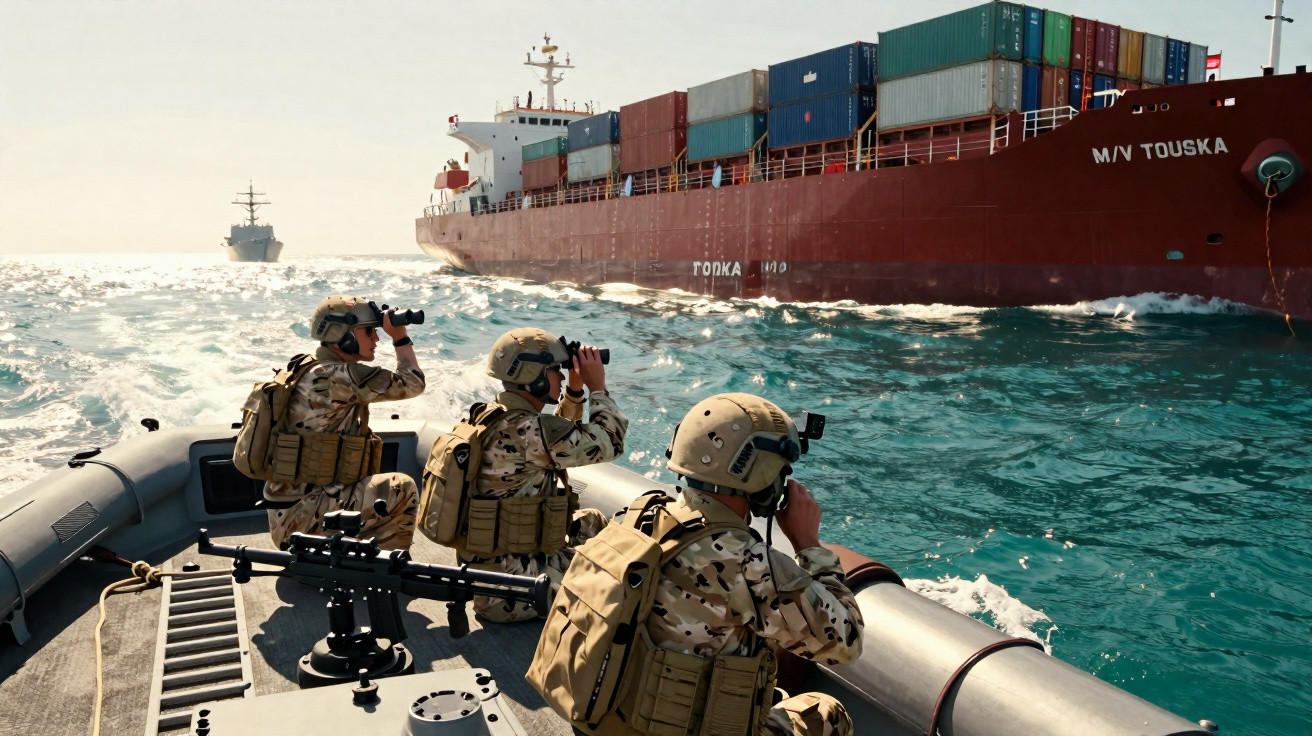 Militares em bote inflável observam navio cargueiro M/V Touska no mar com binóculos e armação montada.
