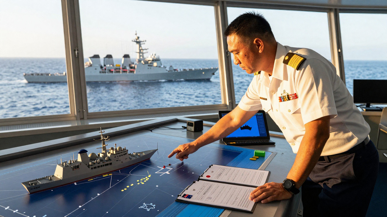 Oficial naval em uniforme branco analisando plano tático com modelo de navio e navio real ao fundo no mar.